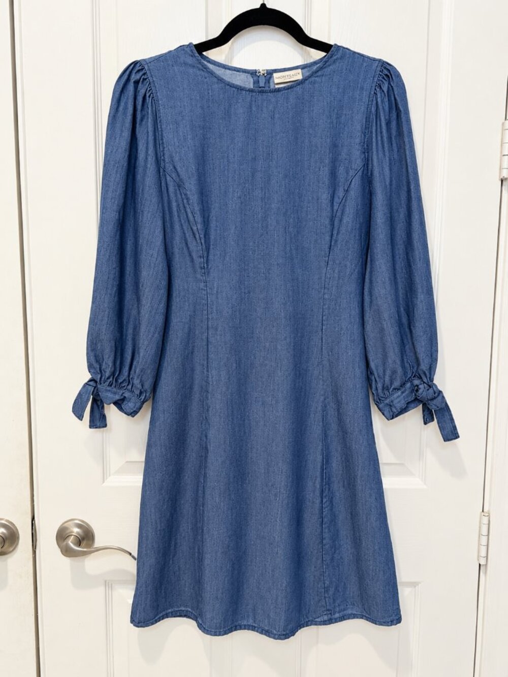 Eva Mendes NY&Co Blue Lyocell Puff Sleeve Tie Cuff Dress Size S